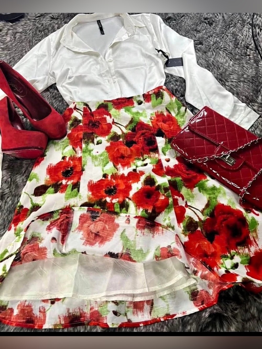 Gloria Gaudette Floral Midi Skirt in White & Red Size 10 NWT